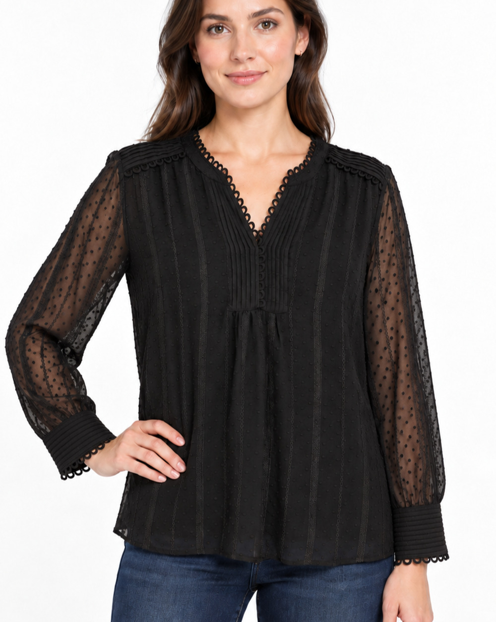 Anthropologie Daniel Rainn L Black Swiss Dot Lace Pintuck Blouse NWOT Boho Flowy